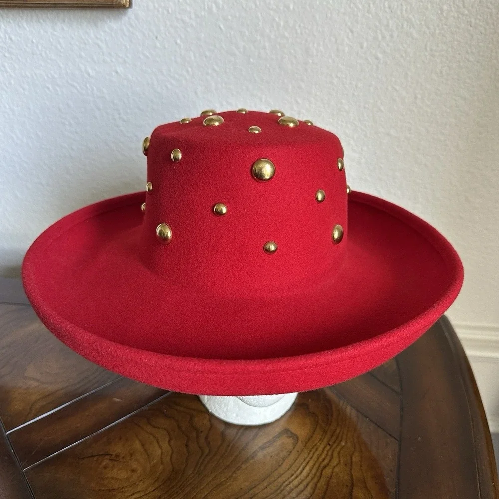 VTG Betmar NY Red Wool Hat 22 Inch Small Gold Stud Fedora Wide Brim USA LiteFelt